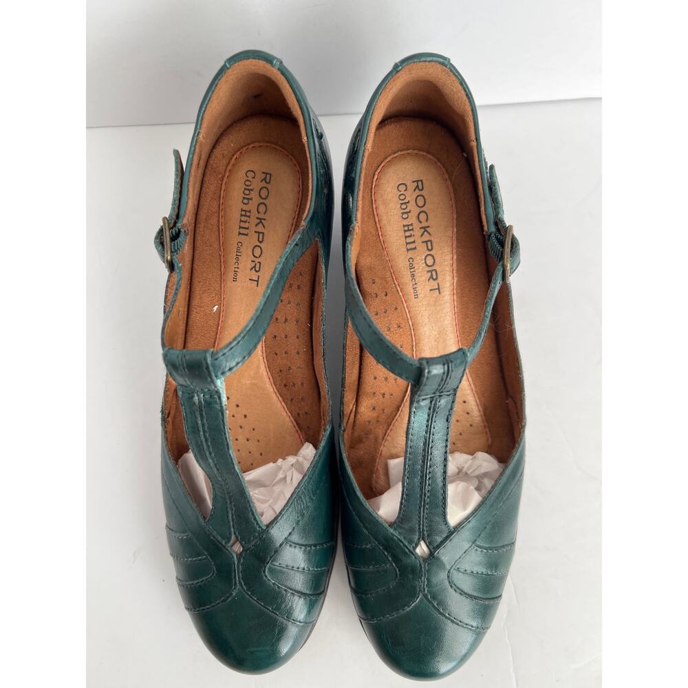 Rockport Cobb Hill Aubrey Leather T Strap Heeled Pumps Teal Green Women Size 7M - Picture 2 of 8